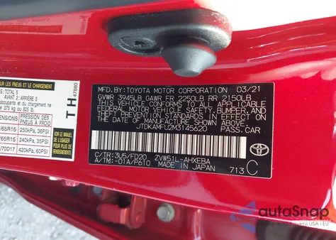 2021 Toyota Prius Le from USA, damaged, VIN JTDKAMFU2M3145620